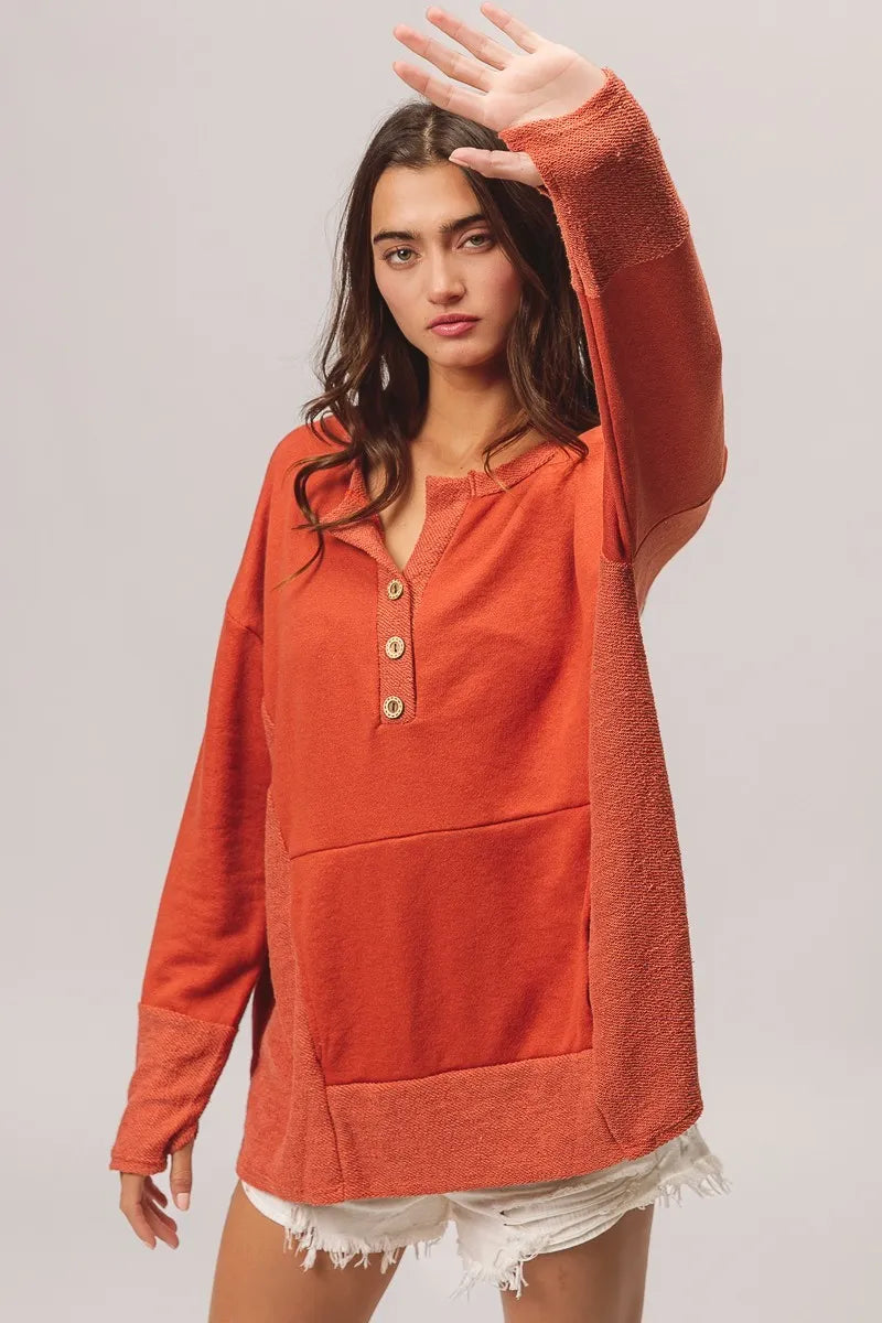 BiBi Rust French Terry Knit Side Block Buttoned Henley Top