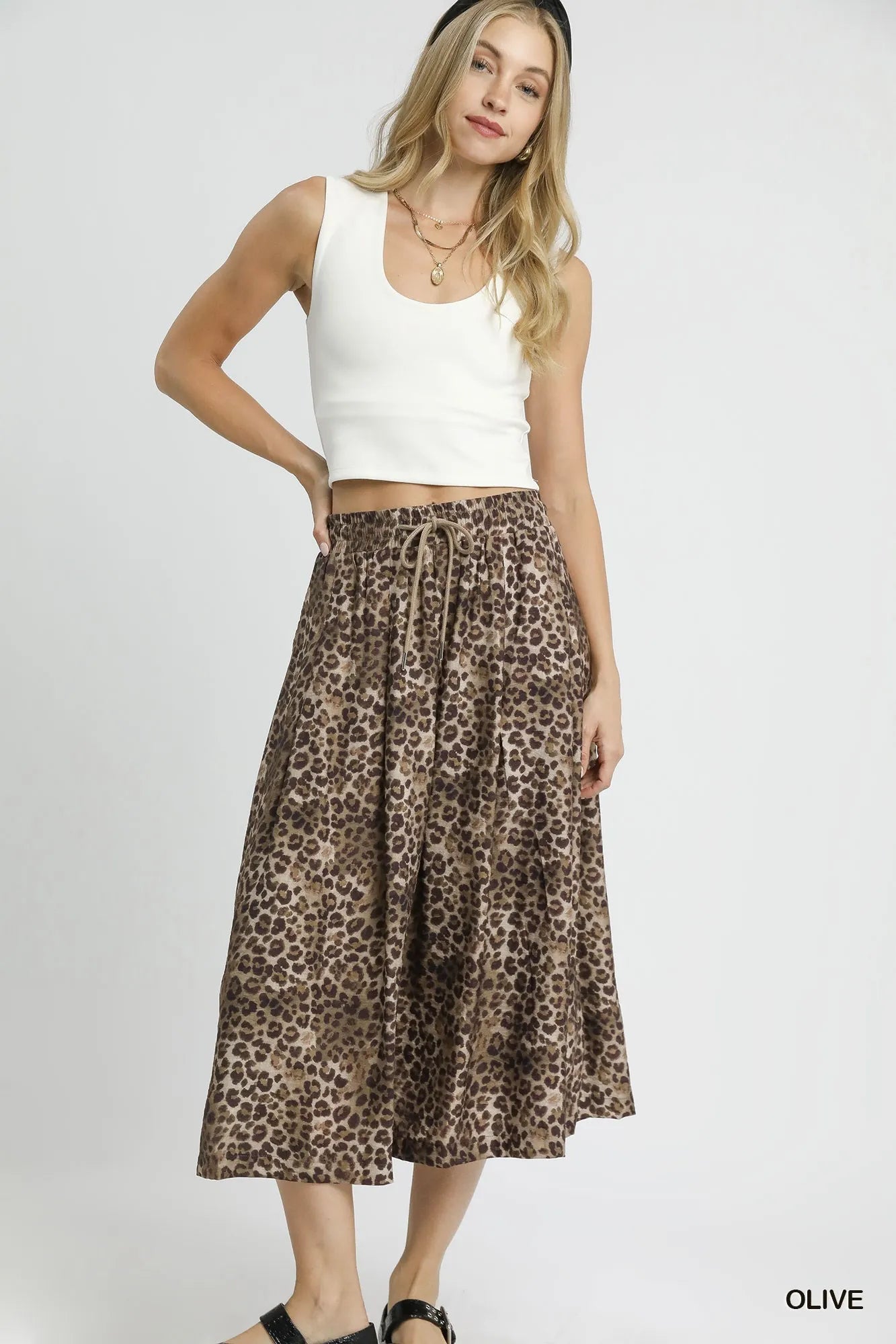 Umgee Olive Drawstring Leopard Midi Skirt