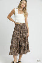 Umgee Olive Drawstring Leopard Midi Skirt