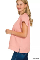 Zenana Tan Rose Textured Knit Jacquard Short Sleeve Top