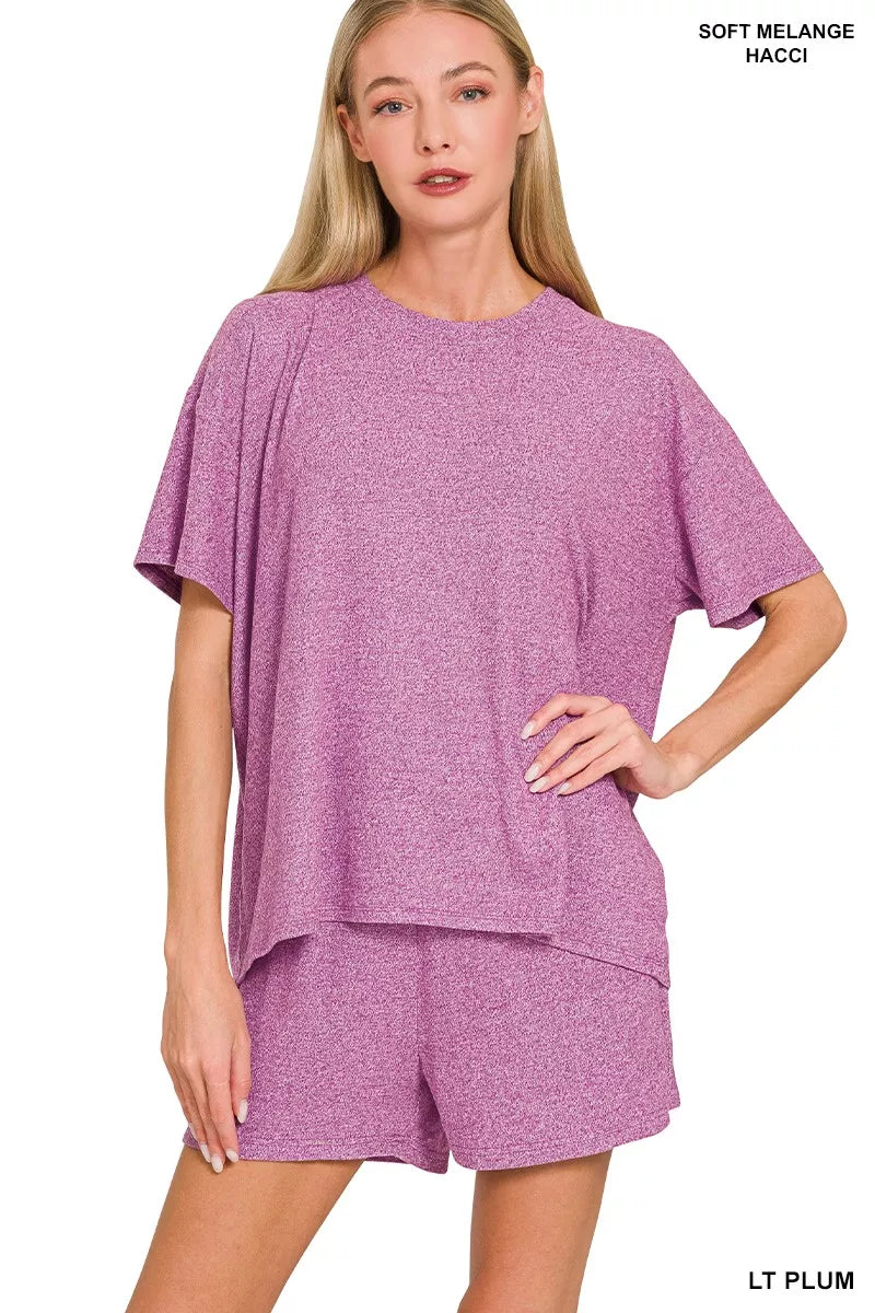 Zenana Light Plum Soft Melange Short Sleeve Tee and Shorts Set LT PLUM