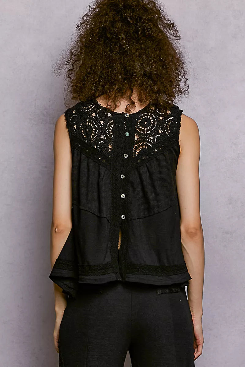 POL Black Round Neck Sleeveless Top with Crochet Contrast