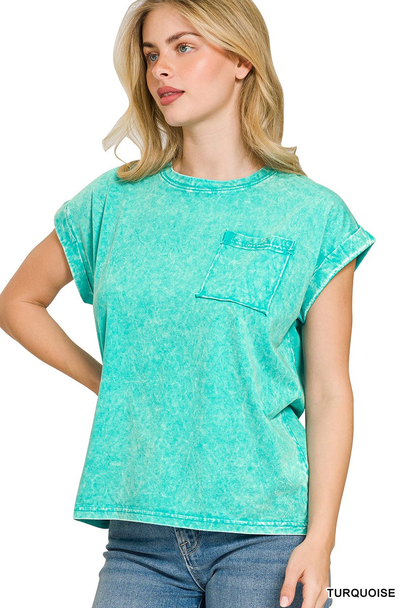 Zenana Turquoise Crinkle Washed Round Neck Folded Short Sleeve Tee TURQUOISE