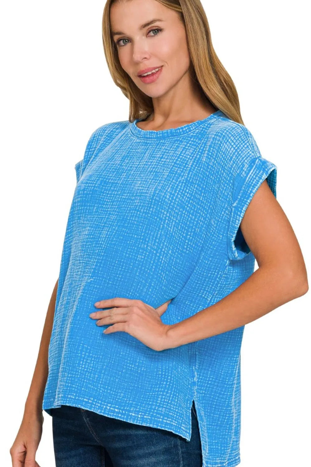 Zenana Deep Sky Woven Double Gauze Acid Washed Short Sleeve Top DEEP SKY
