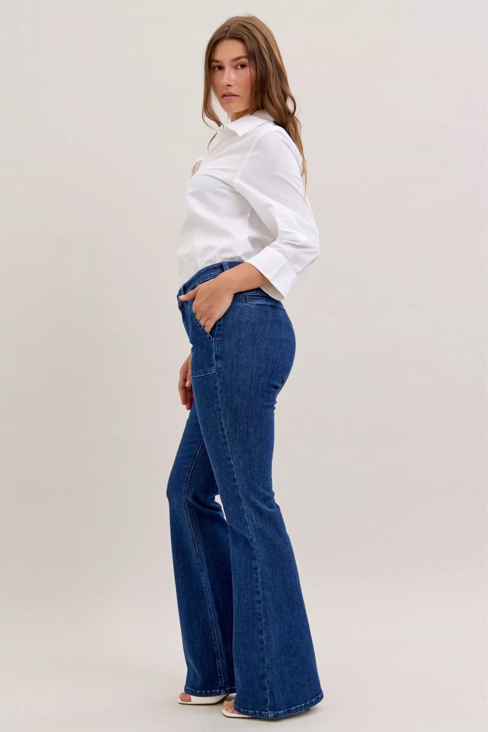 Judy Blue Dark Washed High Waist Flare Jeans with Front Patch Pockets
