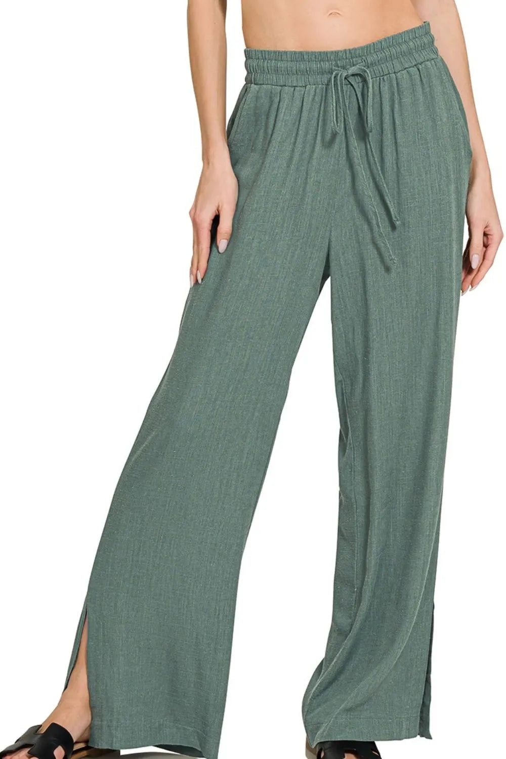 Zenana Ash Jade Linen Drawstring Pants ASH JADE