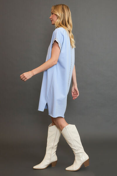 Umgee Light Blue Peace Plaid Applique Short Sleeve Mini Dress