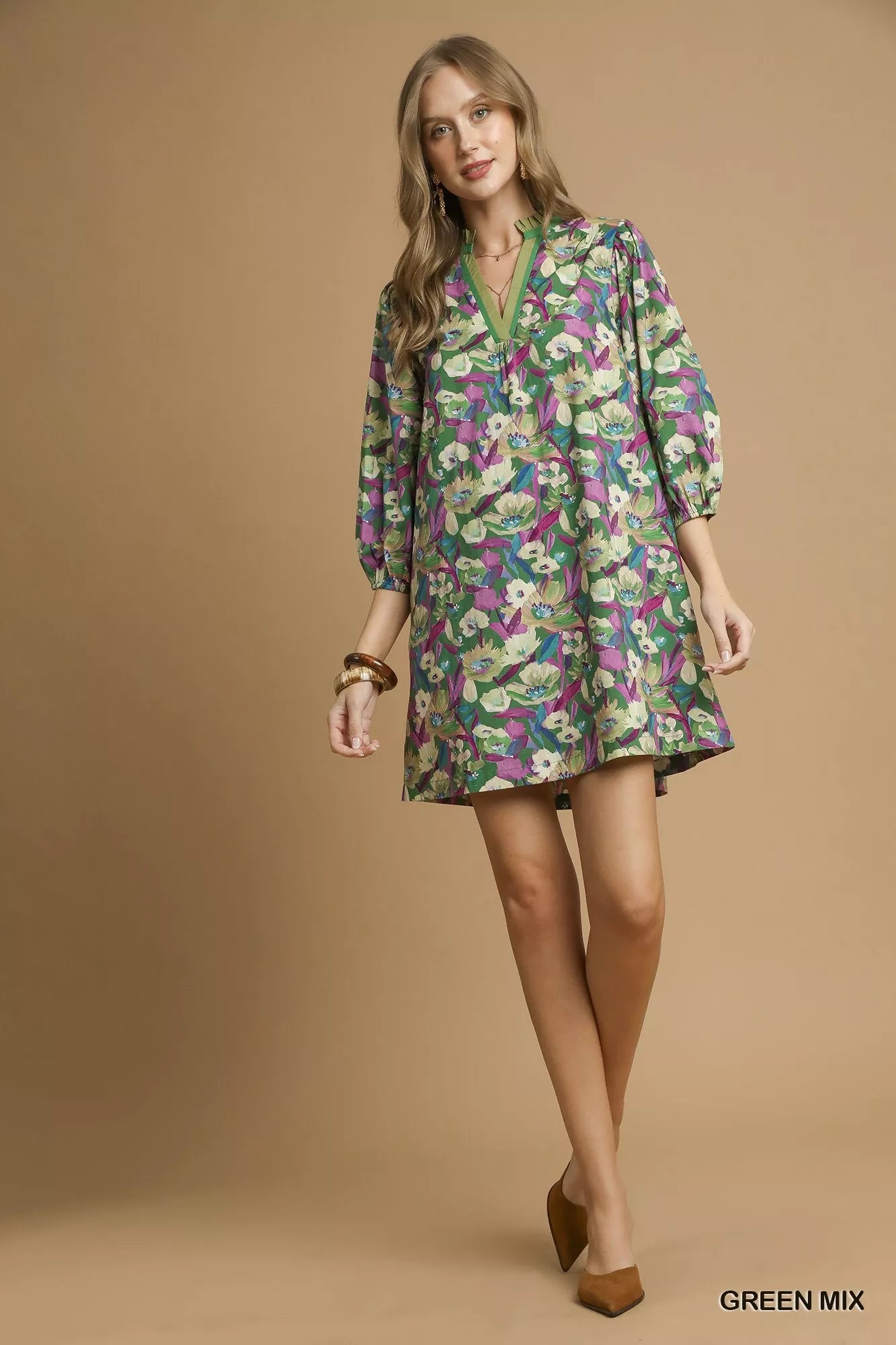 Umgee Green Mix Boho Floral Balloon Sleeve Mini Dress