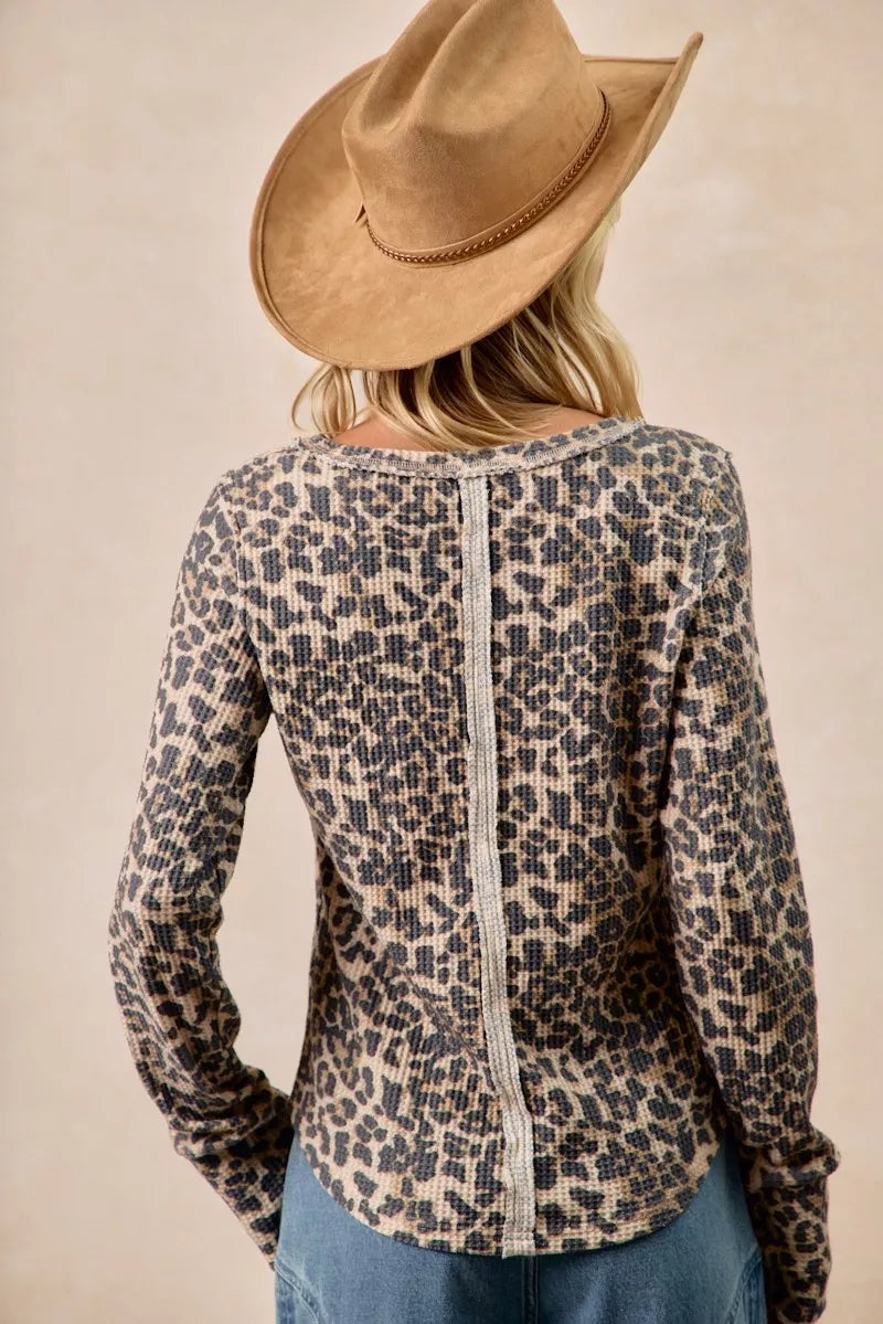 BiBi Leopard Print Washed Waffle Thermal Top with Thumbholes
