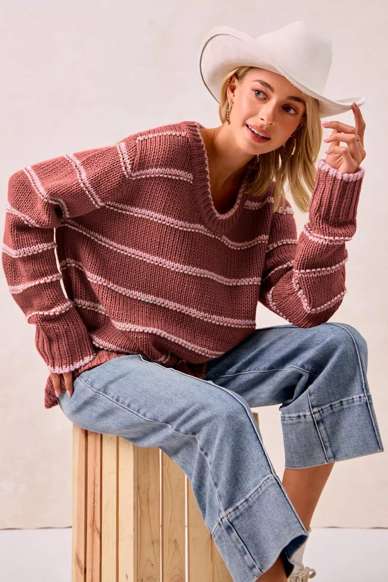 BiBi Marsala Striped Long Sleeve Sweater MARSALA