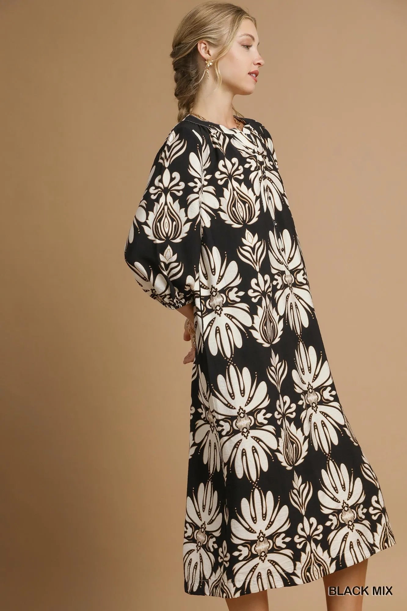 Umgee Black Mix Abstract Floral Print Midi Dress