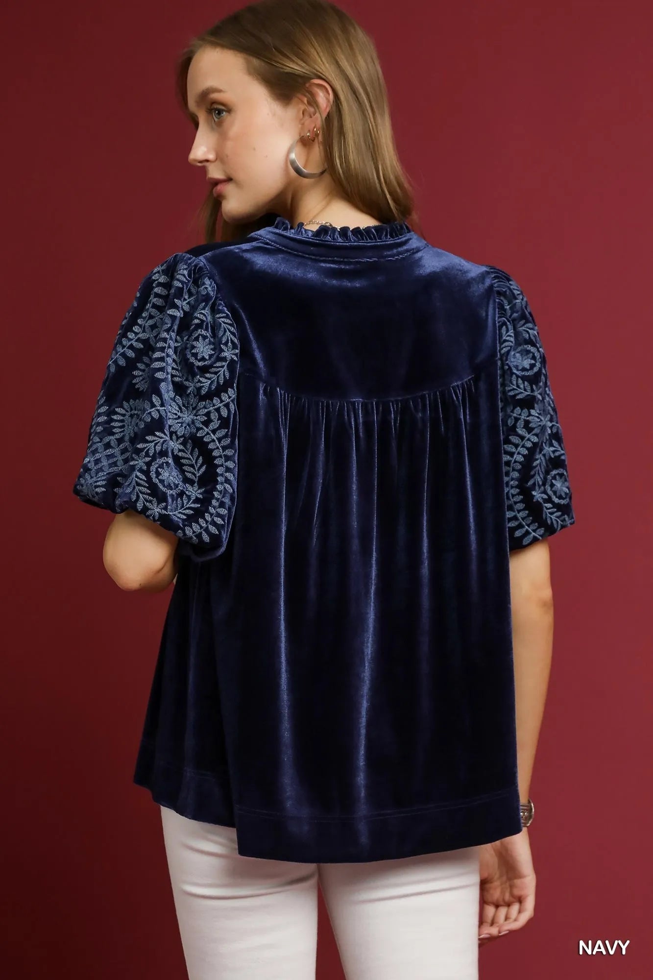 Umgee Navy Velvet Embroidered Sleeve Blouse