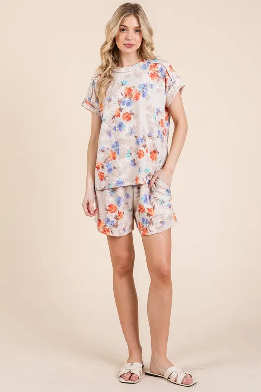 BOMBOM Floral Round Neck RIbbed T-Shirt