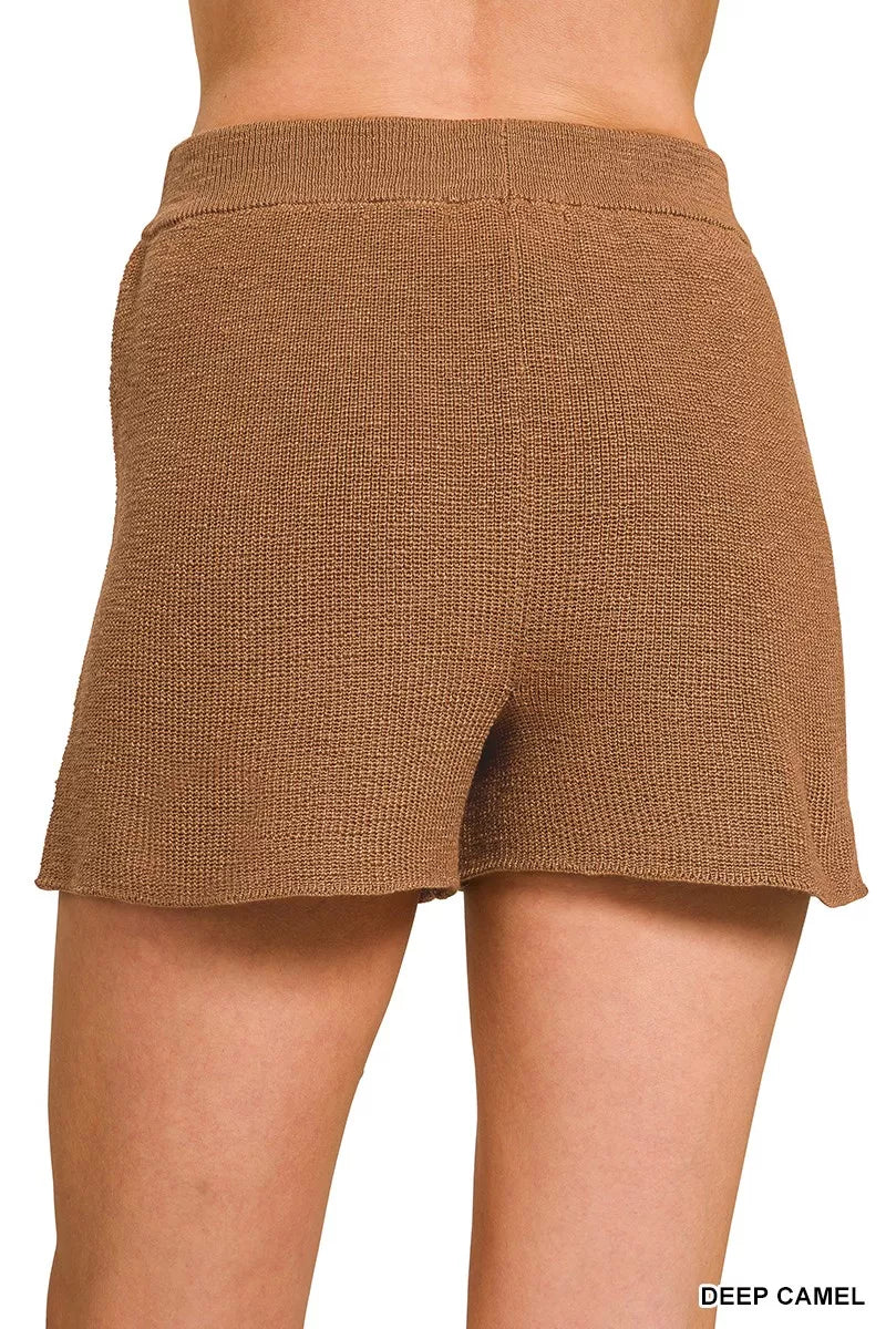 Zenana Deep Camel Round Neck Knit Top and Shorts Sweater Set