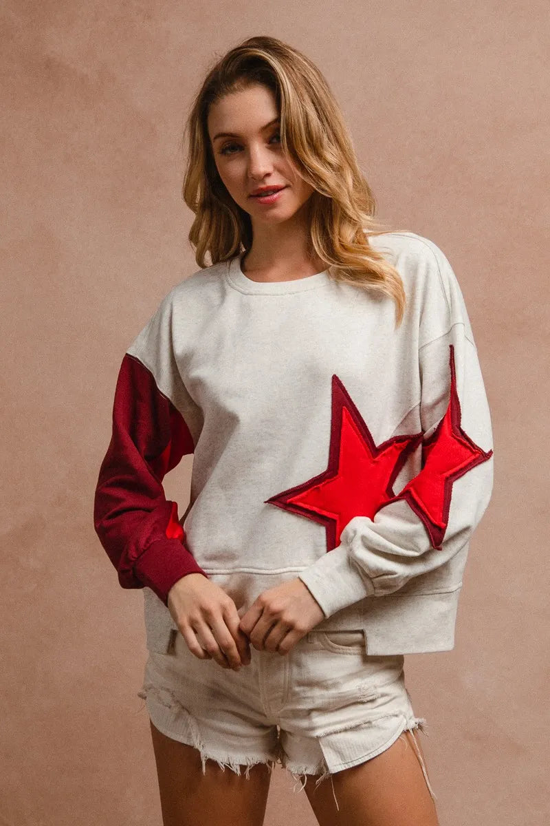 BiBi Star Patch And Spliced Hemline French Terry Long Sleeve Sweatshirt