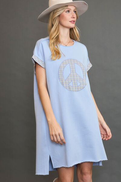 Umgee Light Blue Peace Plaid Applique Short Sleeve Mini Dress Light Blue