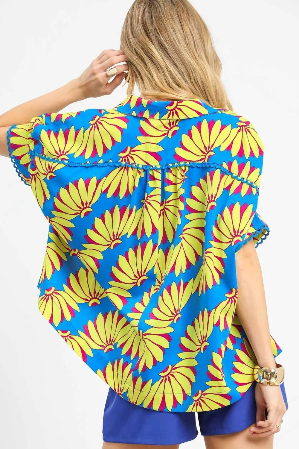 Umgee Blue Tropical Print Button-Up Shirt