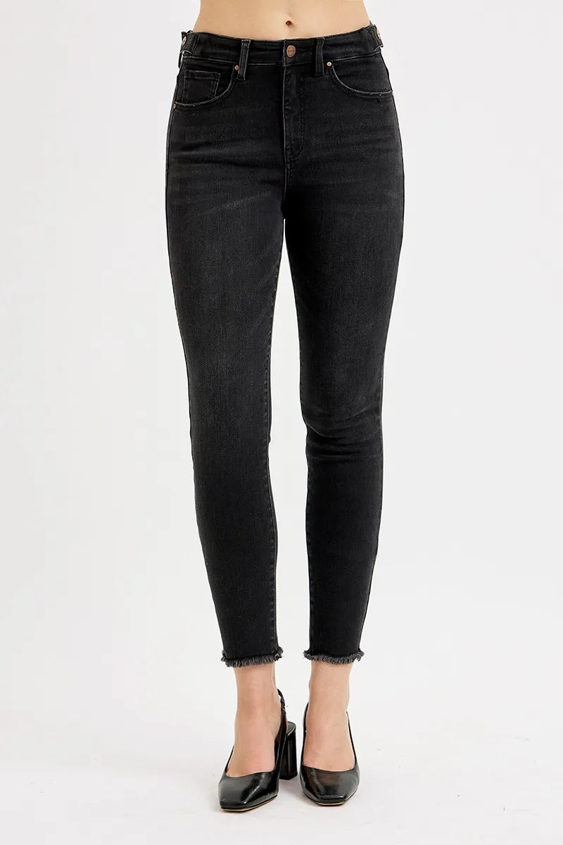 RISEN Black Tummy Control High Rise Waist Raw Hem Skinny Jeans BLACK