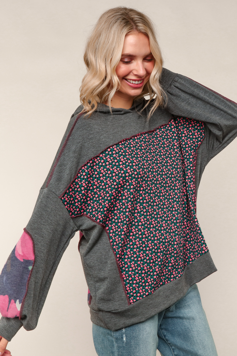 Haptics Charcoal Floral Color Block French Terry Hoodie