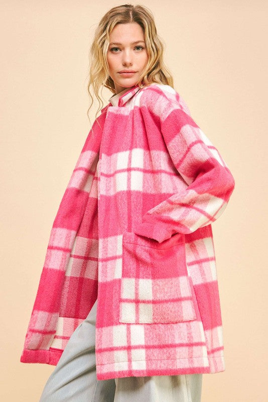 Davi & Dani Hot Pink Checker Plaid Open Front Drop Shoulder Longline Coat Coats & Jackets