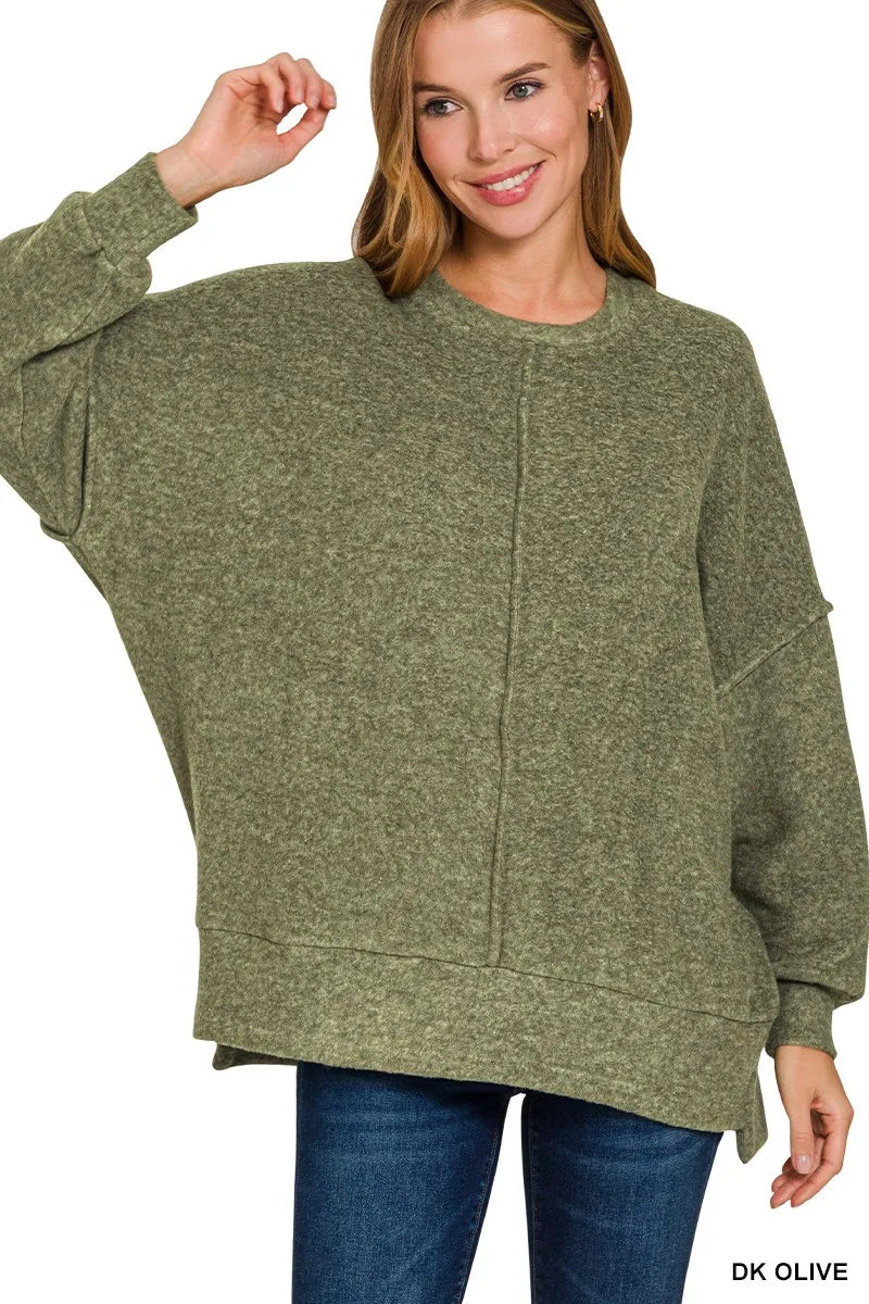 Zenana Dark Green Brushed Melange Hacci Oversized Sweater