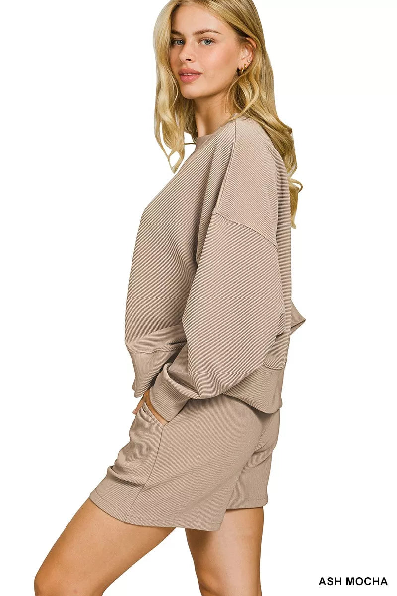 Zenana Ash Mocha Ribbed Round Neck Pullover and Shorts Set