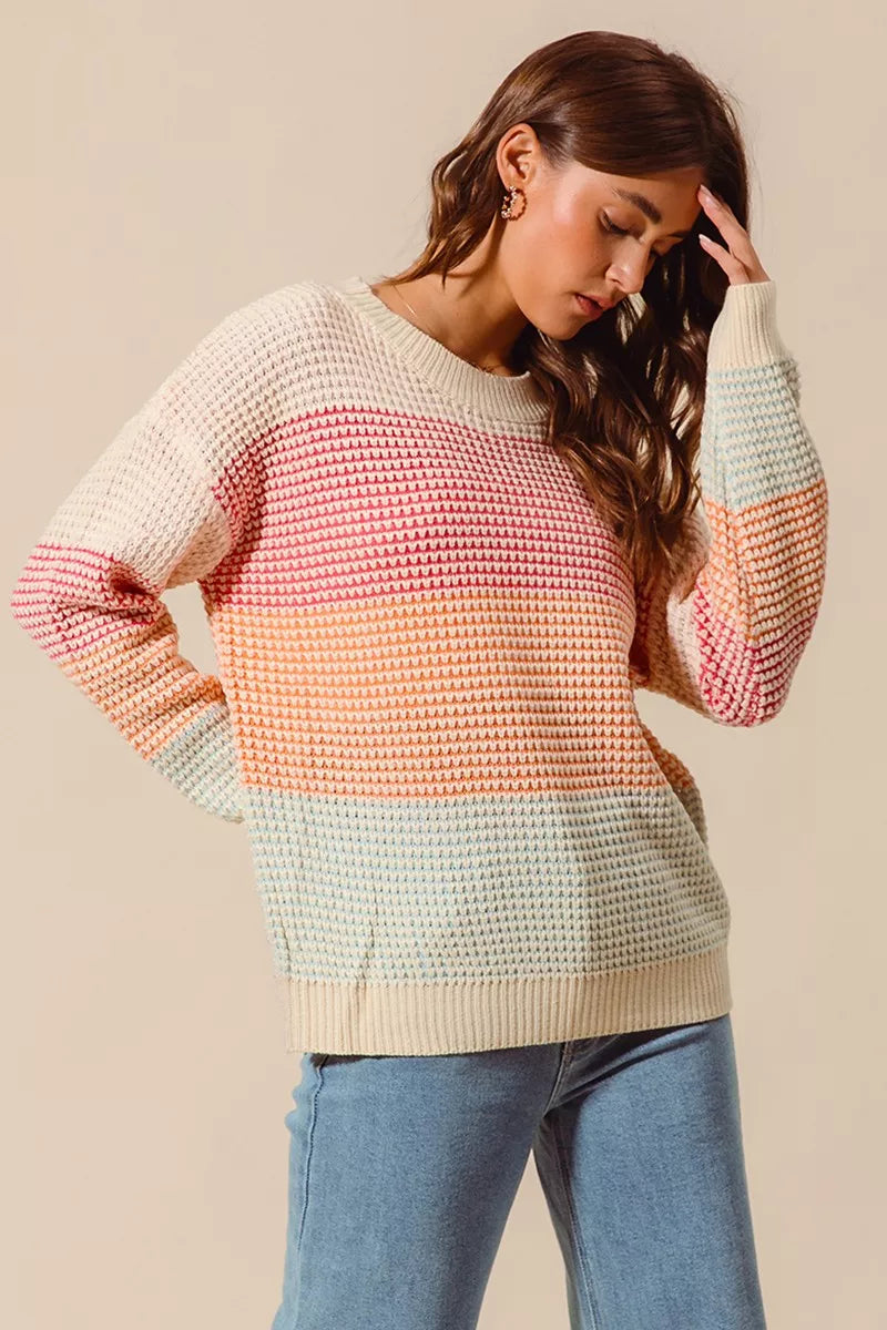 SO ME Oatmeal Combo Multi Color Block Long Sleeve Sweater