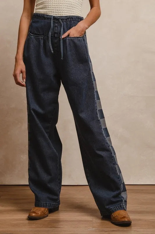 BiBi Washed Denim Mix And Match Checkered Denim Pants