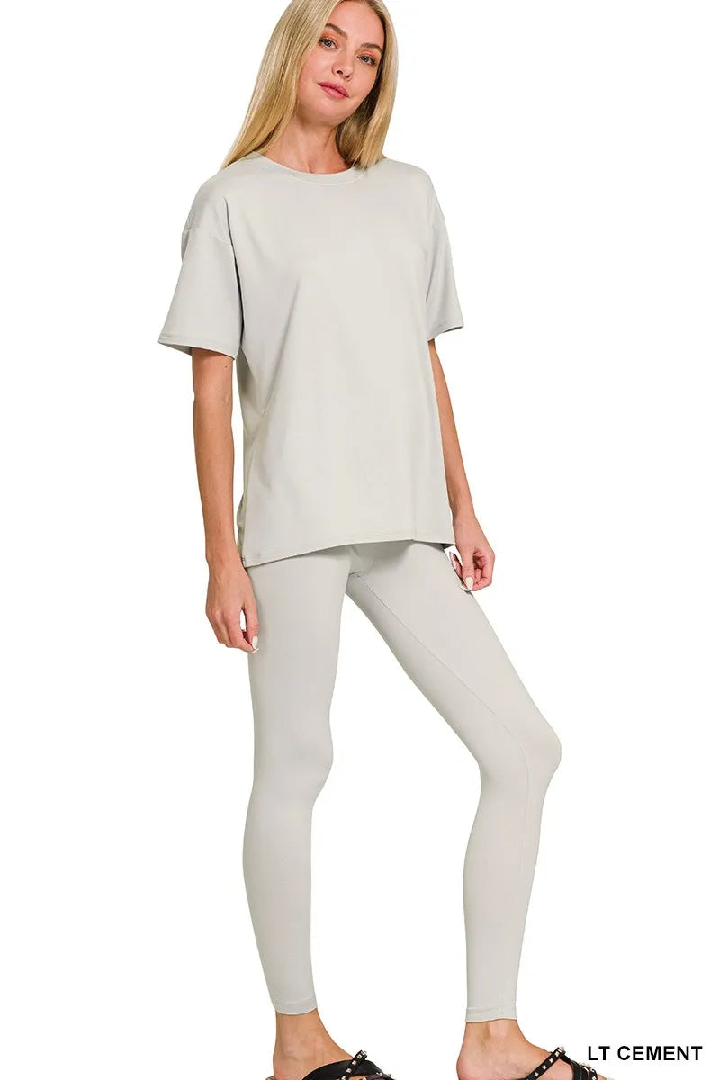 Zenana Light Cement Brushed Dty Microfiber Short Sleeve Top and Pants Loungewear Set