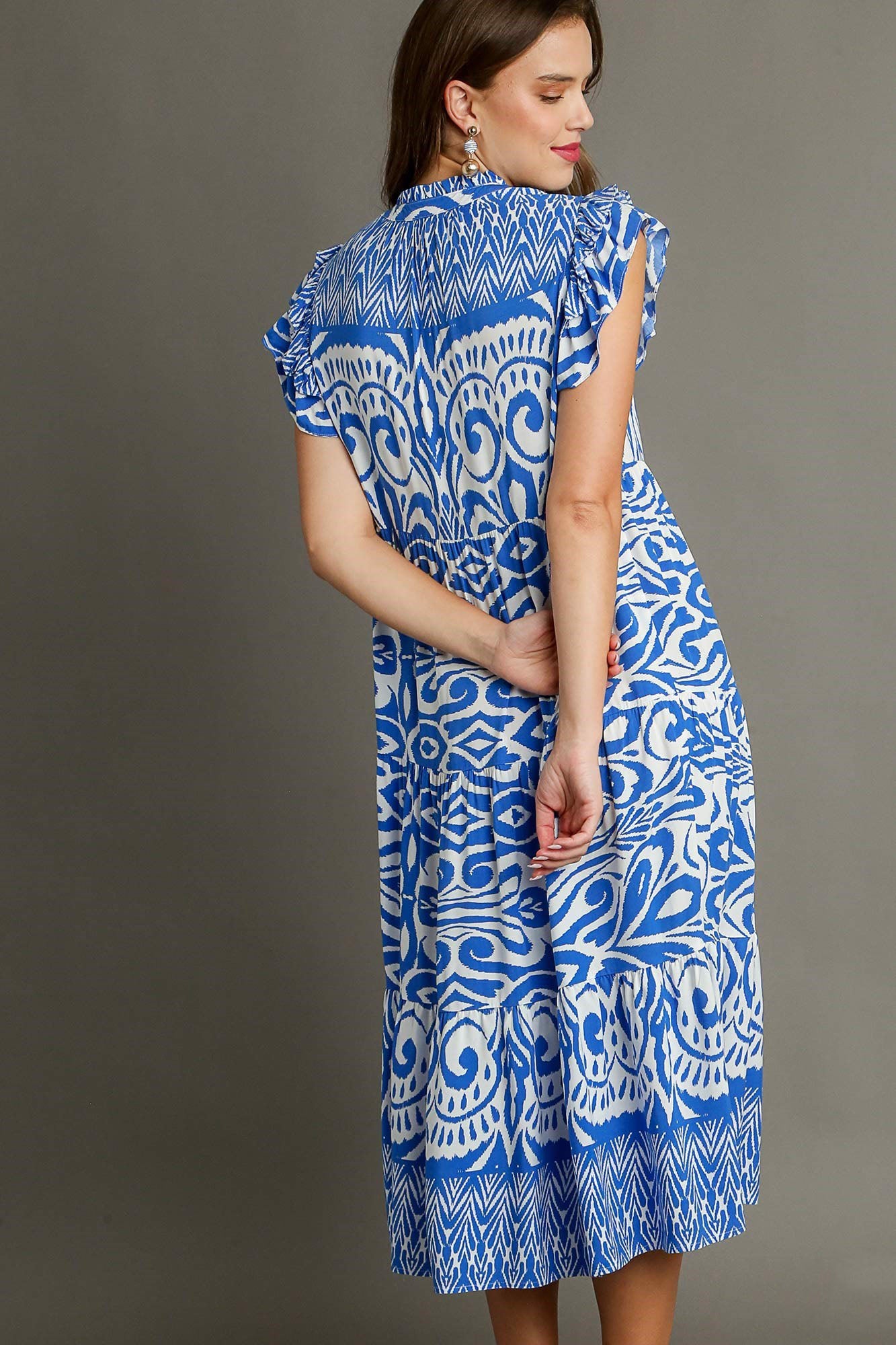 Umgee Blue Two Tone Border Print Ruffle Cap Sleeve Midi Dress
