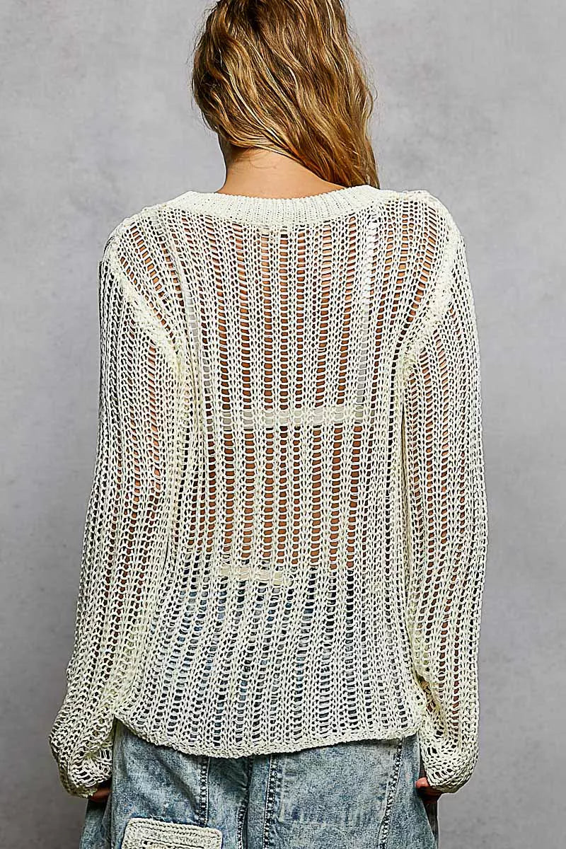 POL Off White Openwork Round Neck Knit Cover Up