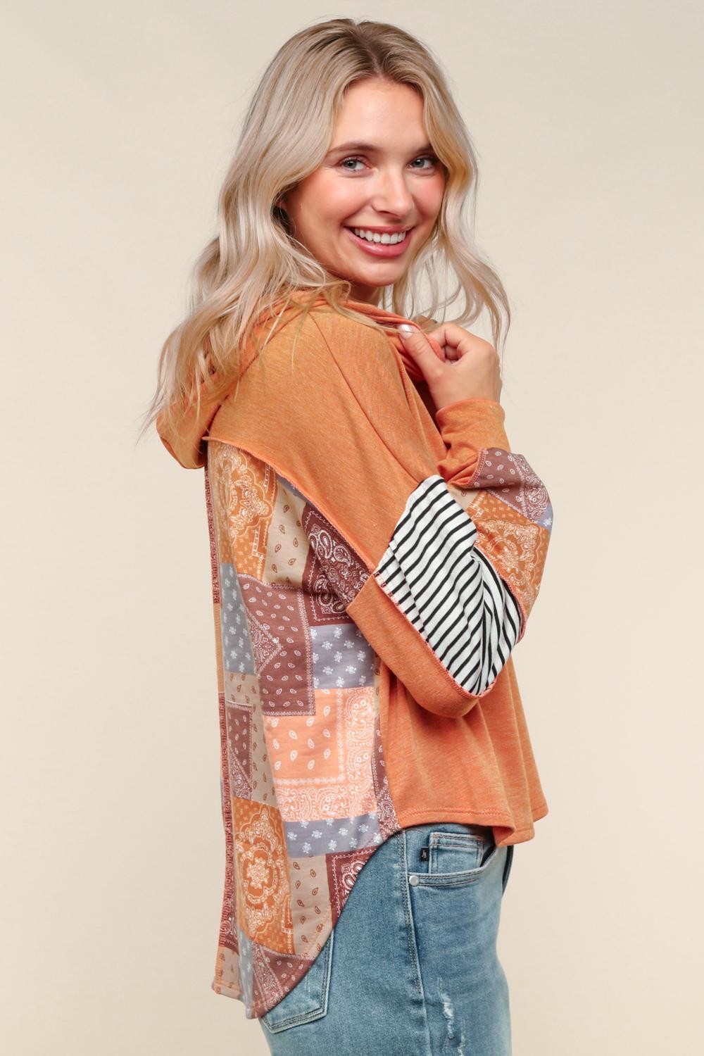 Haptics Rust French Terry Stripe & Printed Patchwork High Low Hoodie