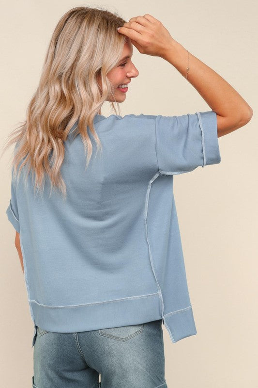 Haptics Oversized Hi-Lo French Terry Outseam Pullover in Denim Blue