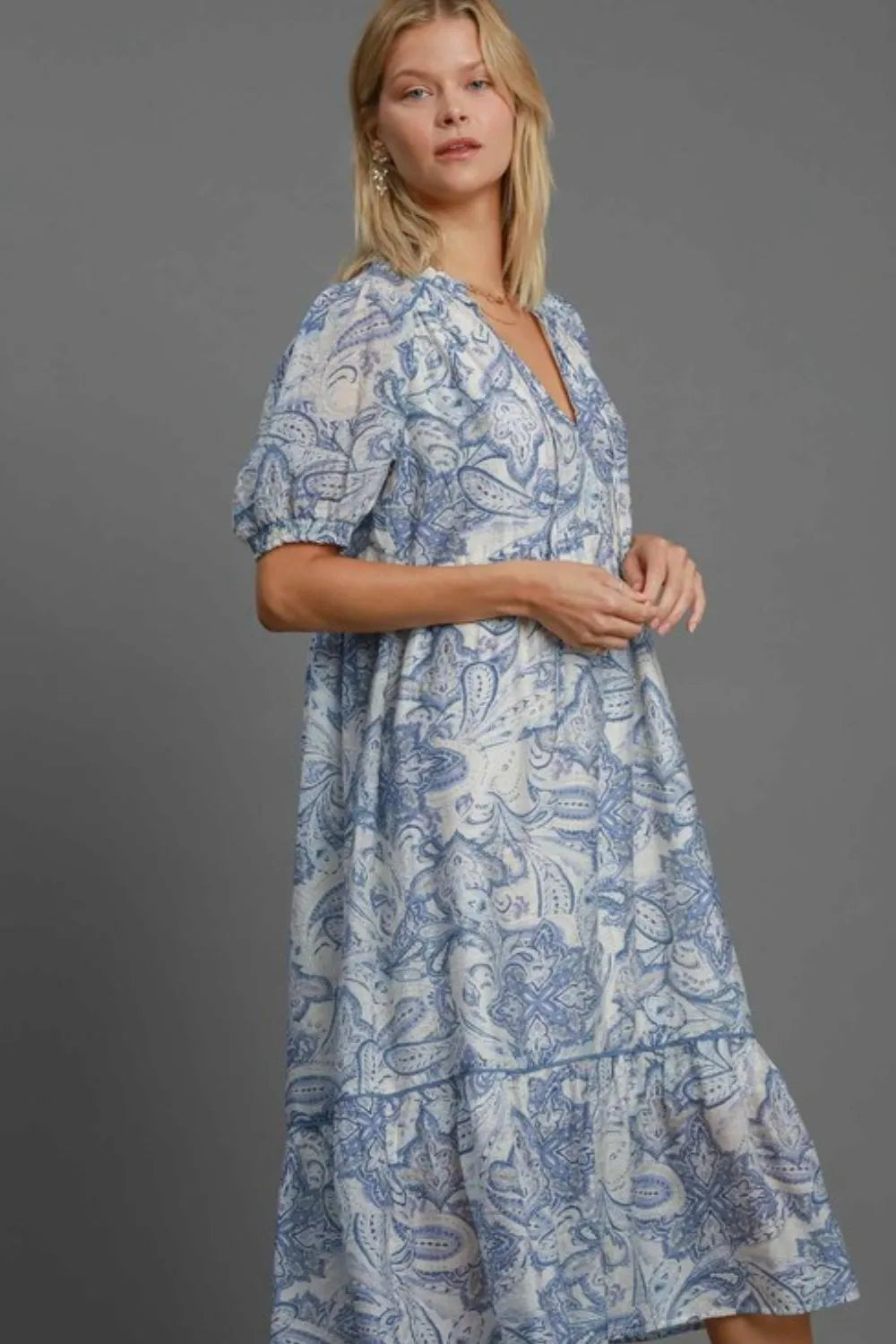 Umgee Printed Puff Short Sleeve Midi Dress
