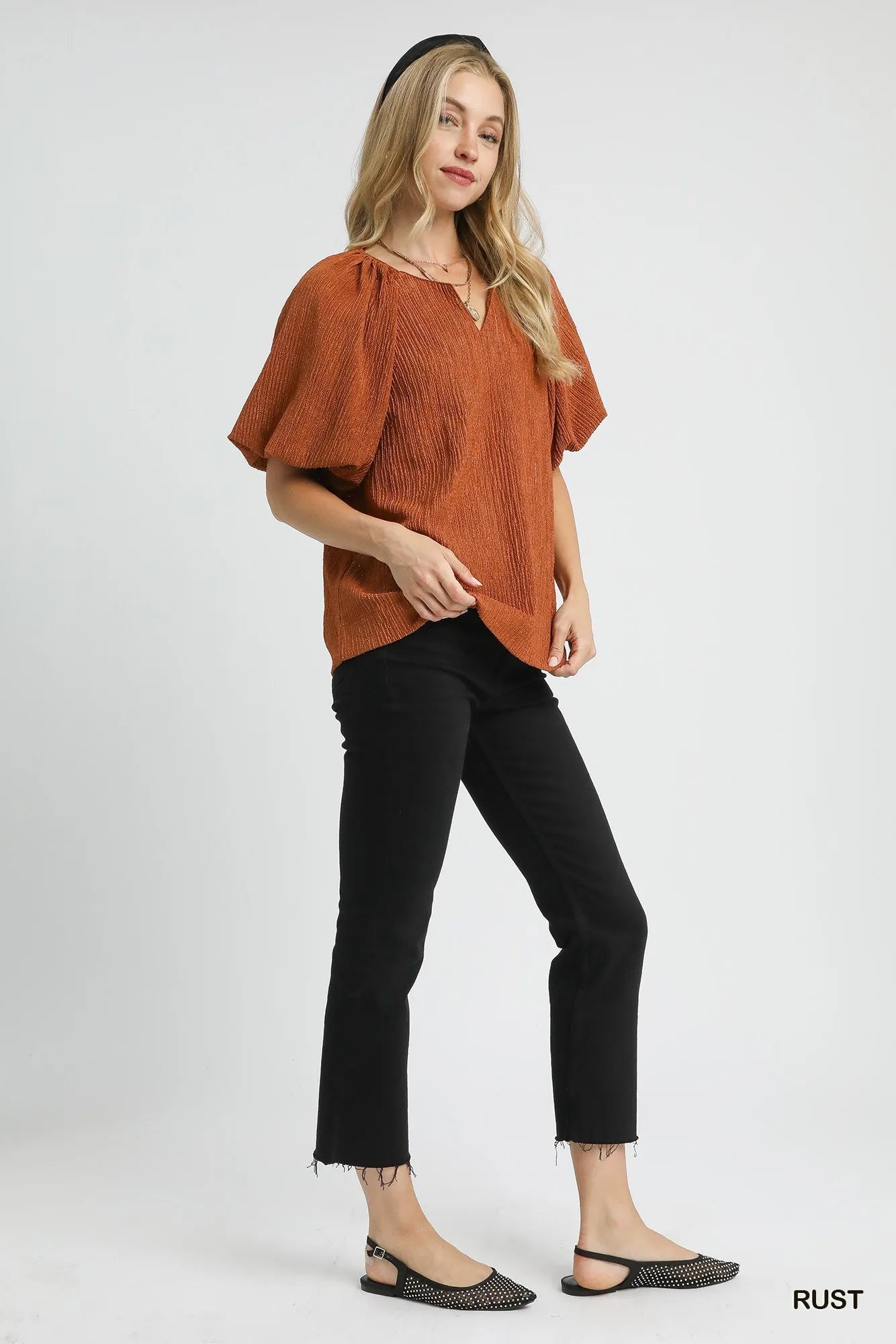 Umgee Rust Textured Flutter Sleeve Notch Neck Top