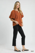 Umgee Rust Textured Flutter Sleeve Notch Neck Top