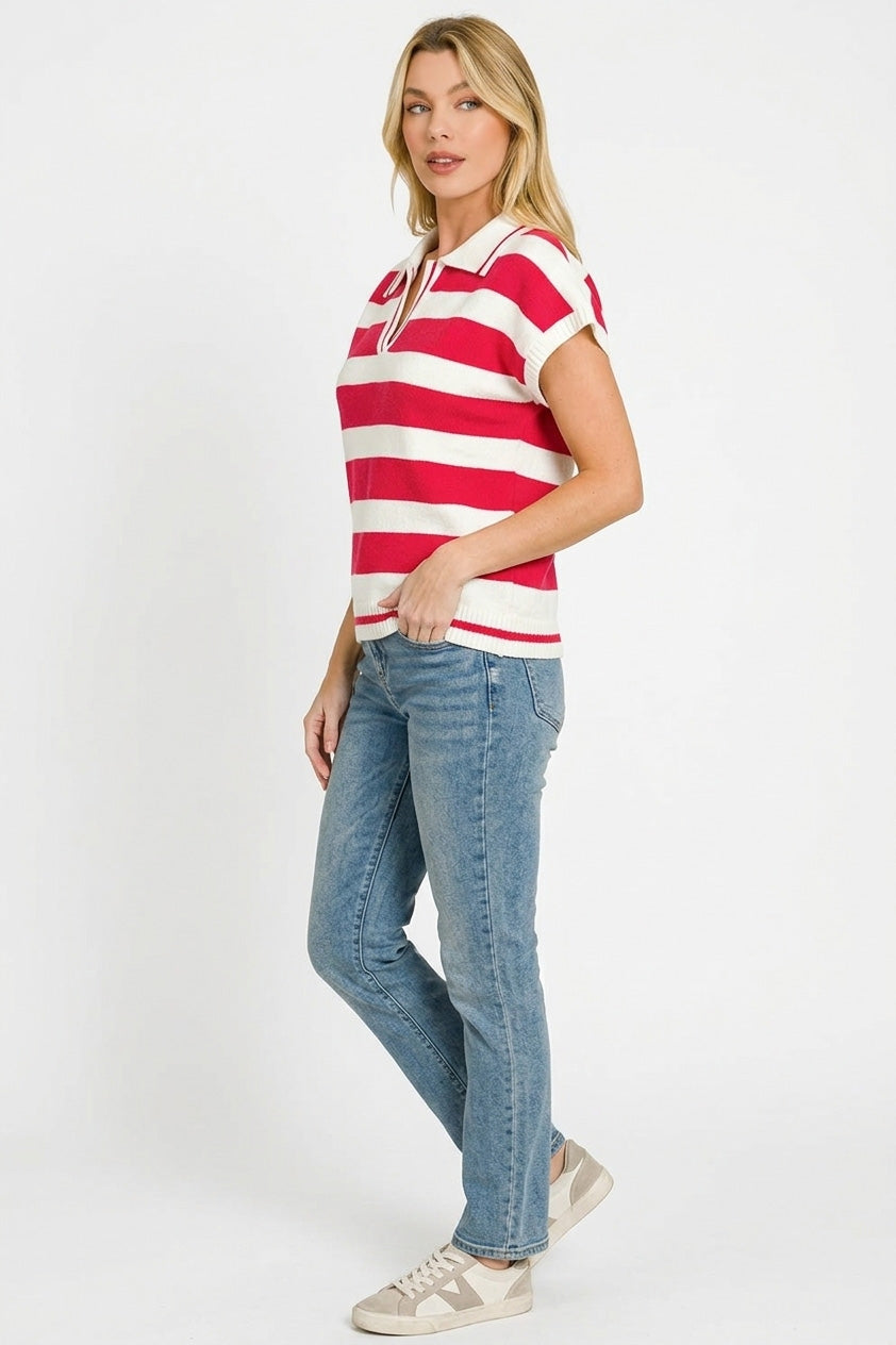 Zenana Red Striped Collared Short Sleeve Sweater