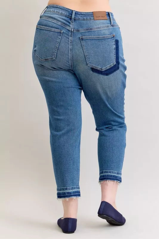 Judy Blue Mid Rise Boyfriend Patch & Repair Destroyed Release Hem Jeans