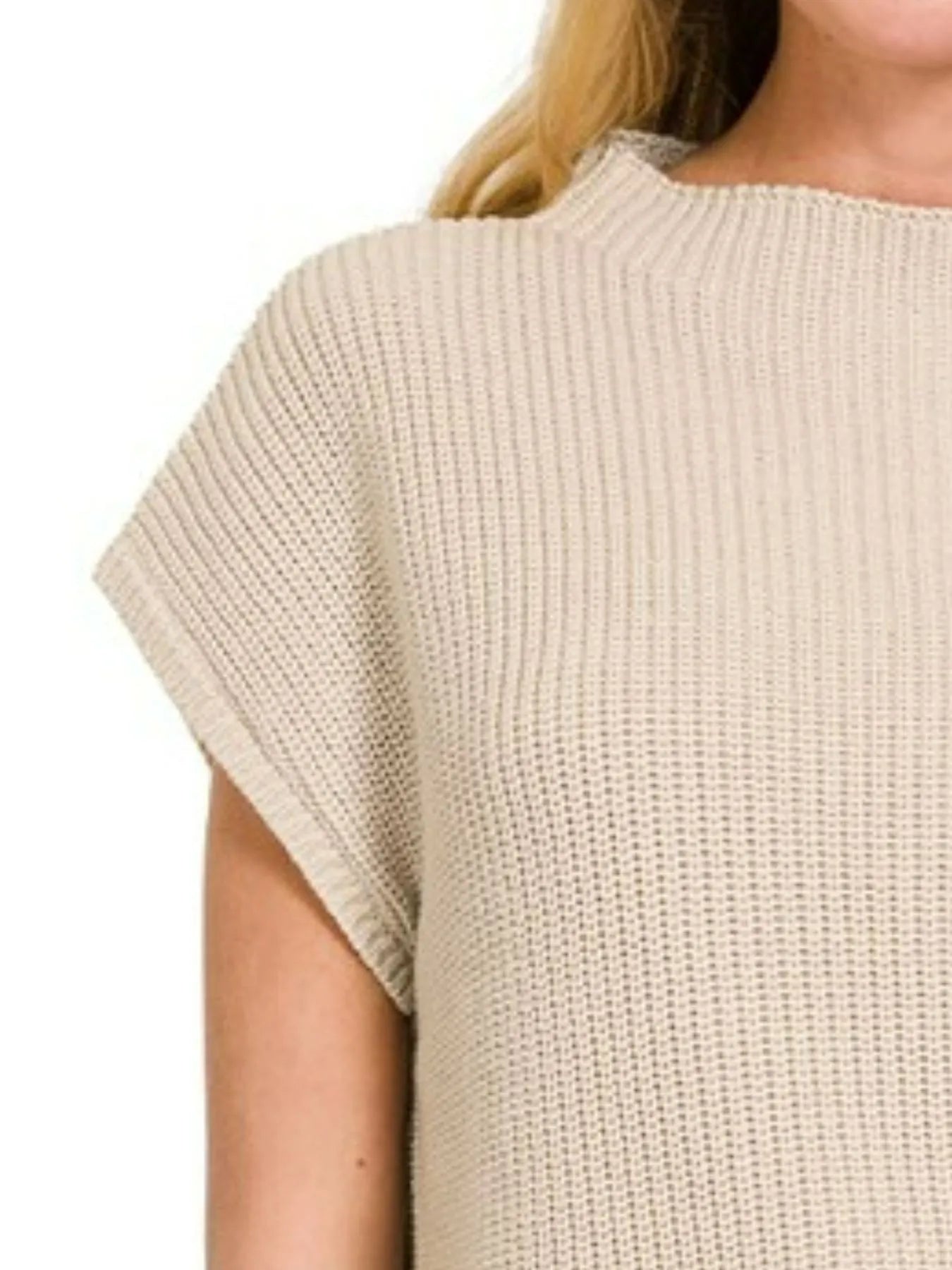 Zenana Sand Beige Mock Neck Short Sleeve Sweater