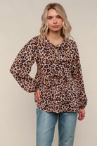 Haptics Leopard Print Front Ribbon Bow Tie Babydoll Woven Blouse