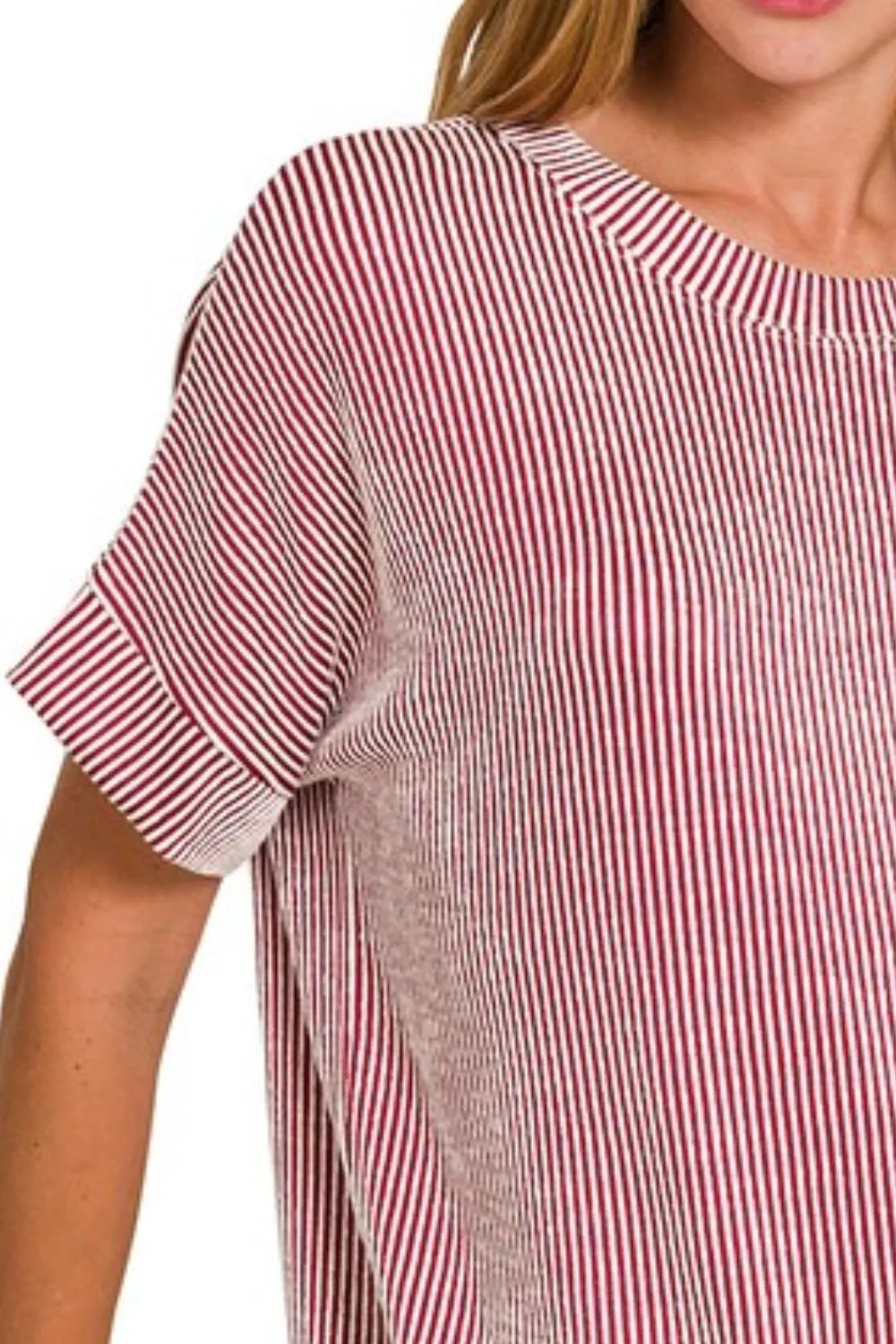 Zenana Dark Red Corded Rib Short Sleeve T-Shirt
