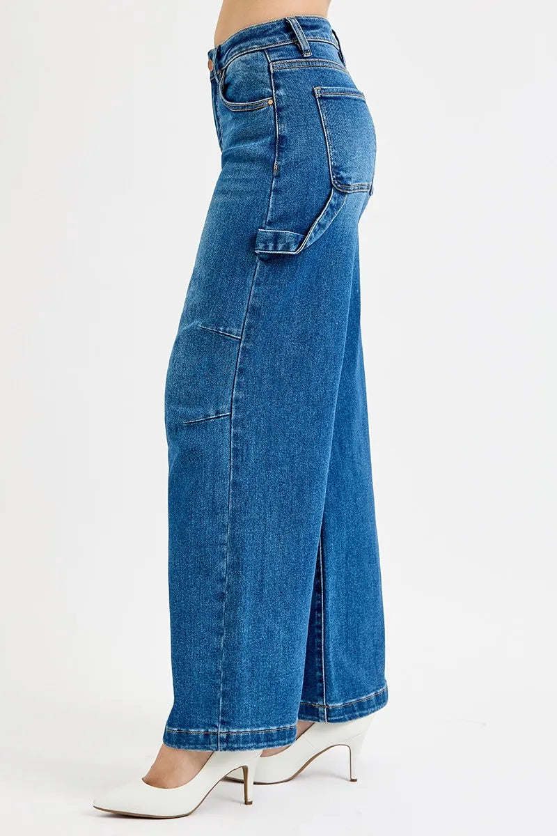 RISEN Dark Washed High Rise Wide Leg Patch Detailed Jeans