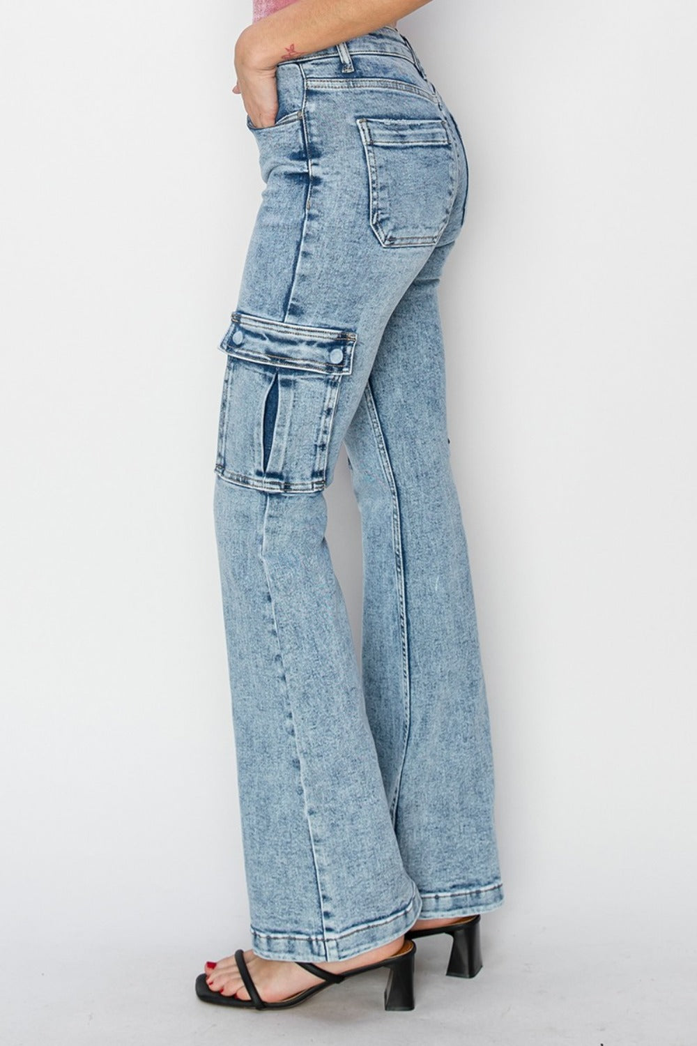 RISEN Medium Acid Washed High Rise Cargo Flare Jeans