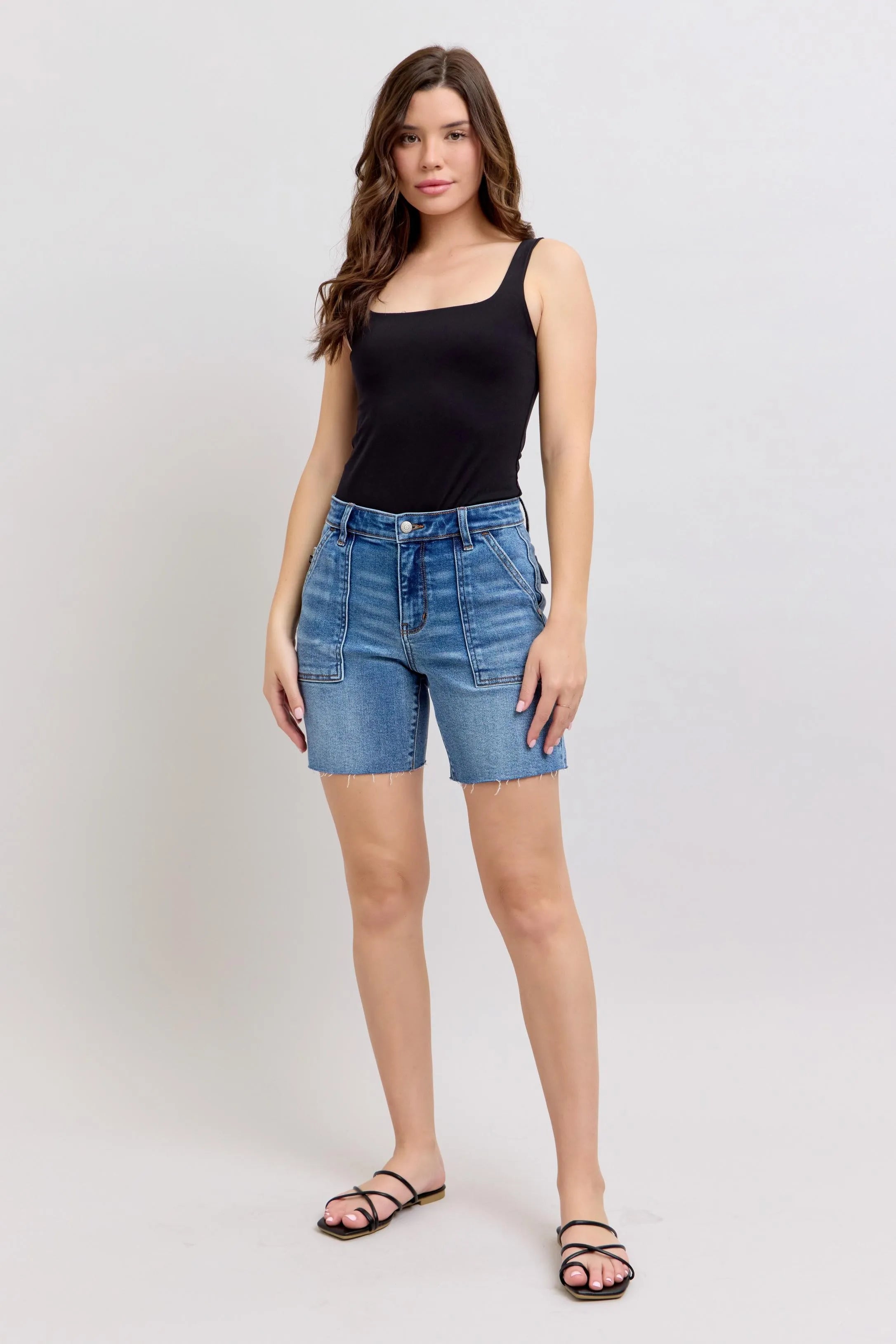 Judy Blue Mid Rise Bermudas Denim Shorts W/ Back Flap Pockets