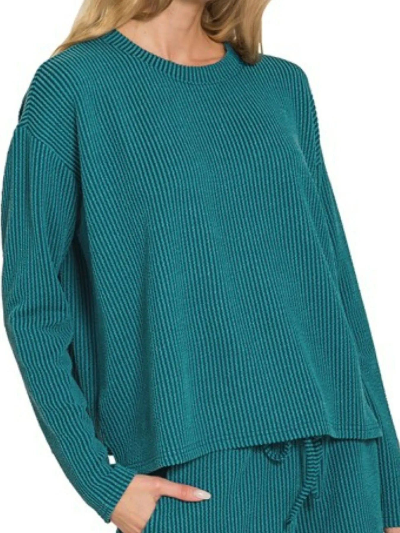 Zenana Teal Corded Rib Long Sleeve Tee and Shorts Set TEAL
