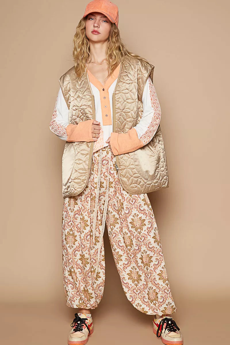 POL Mocha Front Zipper Floral Pattern Quilted Vest Coat with Front Pockets