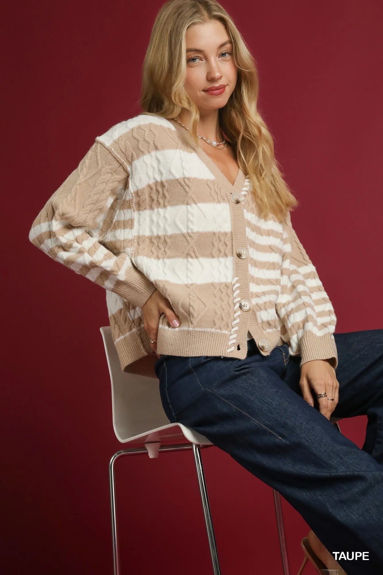 Umgee Taupe Cable-Knit Stripe Button-Up Cardigan