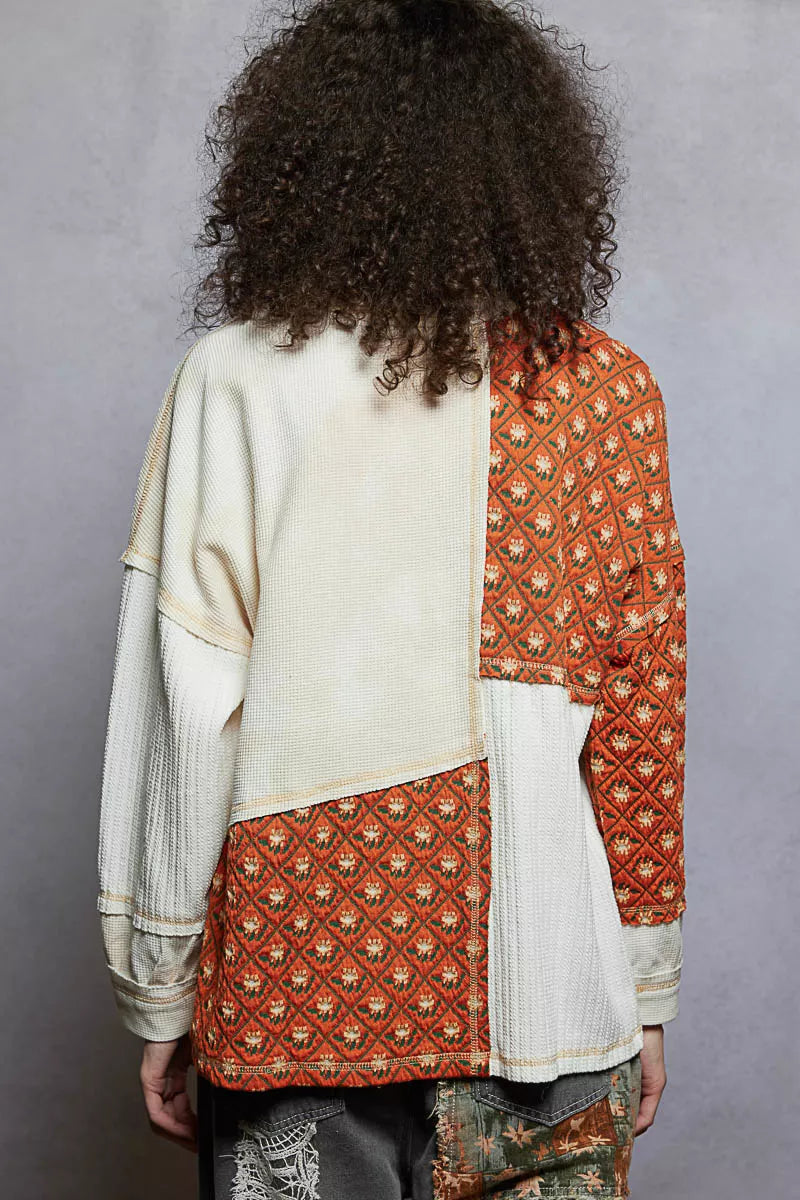 POL Cream Multi Contrast Patchwork Round Neck Long Sleeve Top