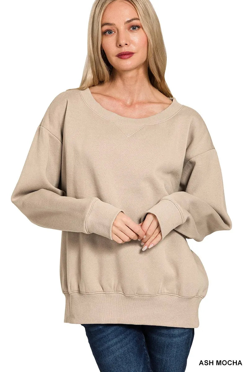 Zenana Ash Mocha Fleece Boat Neck Sweatshirt