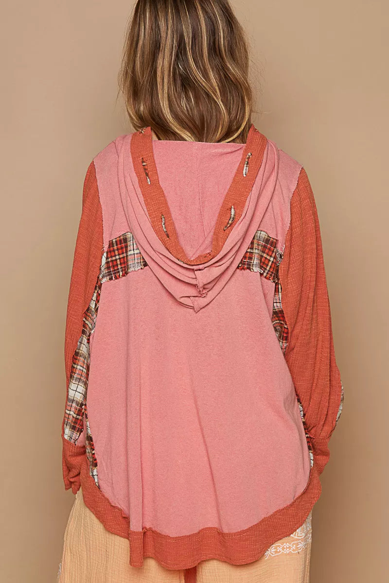 POL Blush Brick Oversized Drawstring Long Sleeve Hoodie with Plaid Detail